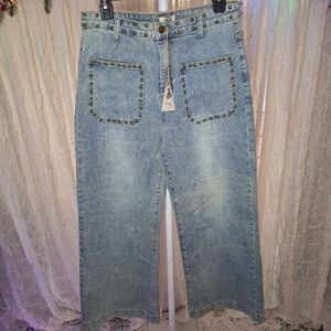 Easel Denim Jeans with Studded Details Distressed Light Blue Wash Boutique